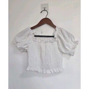 Romwe Blouse Womens M White Smocked Puff Peasant Sleeve Festival Boho Coquette